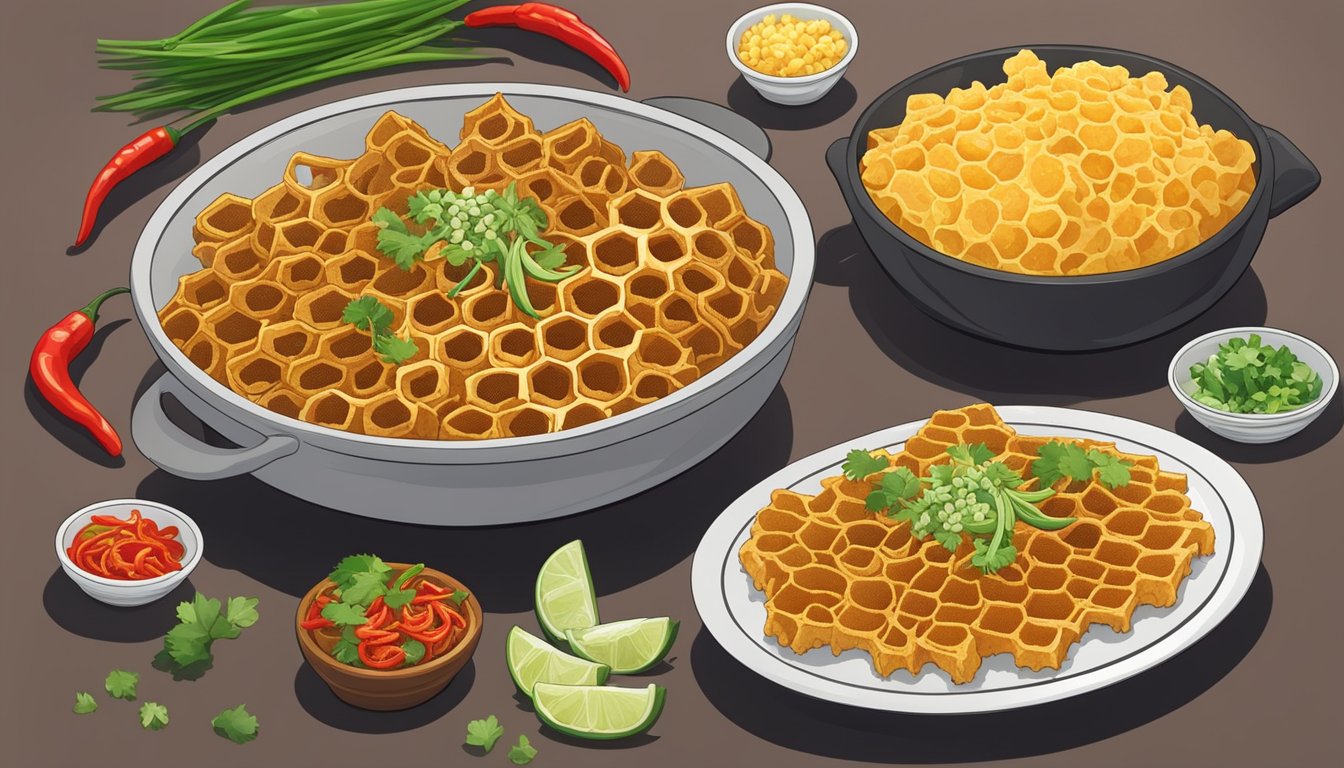 A honeycomb tripe dish surrounded by vibrant ingredients like chili peppers, ginger, and green onions, creating a unique and flavorful culinary experience