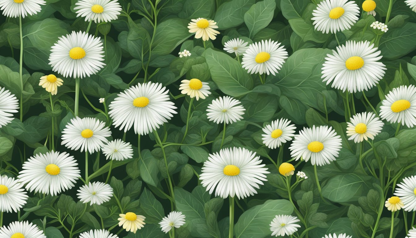 Vibrant guinea hen weed with small oval leaves and clusters of tiny white flowers grows in a wild, untamed garden