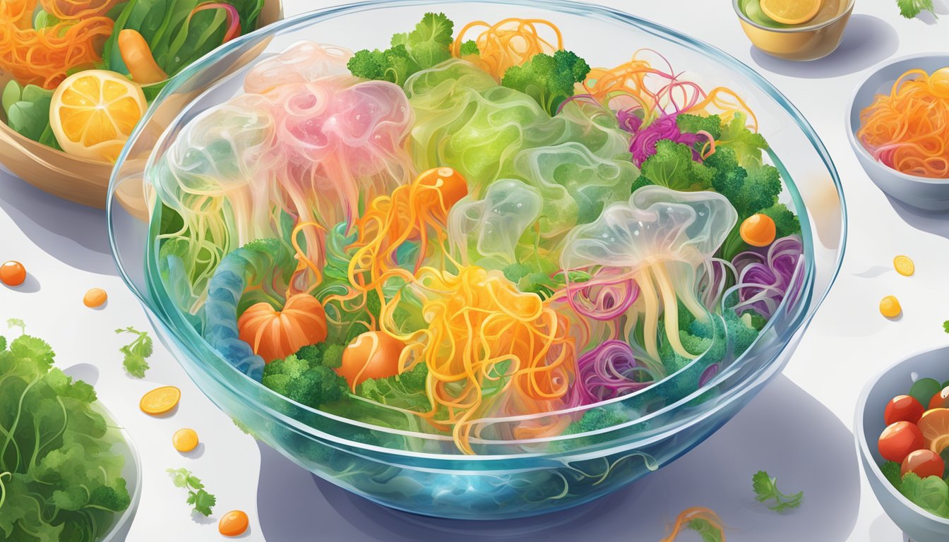 A glass bowl filled with translucent jellyfish tendrils, mixed with colorful vegetables and drizzled with a tangy dressing