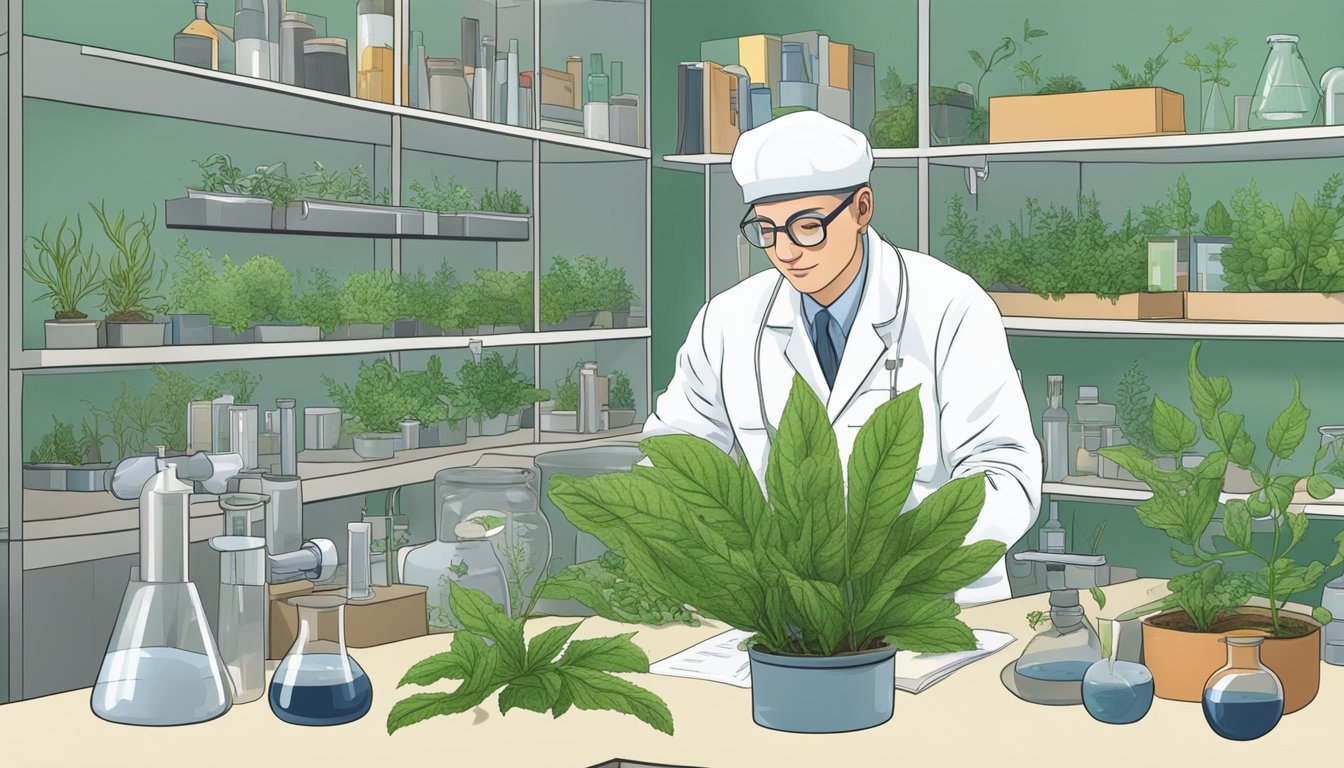 A scientist examines guinea hen weed plant in a laboratory, surrounded by research equipment and books on health benefits