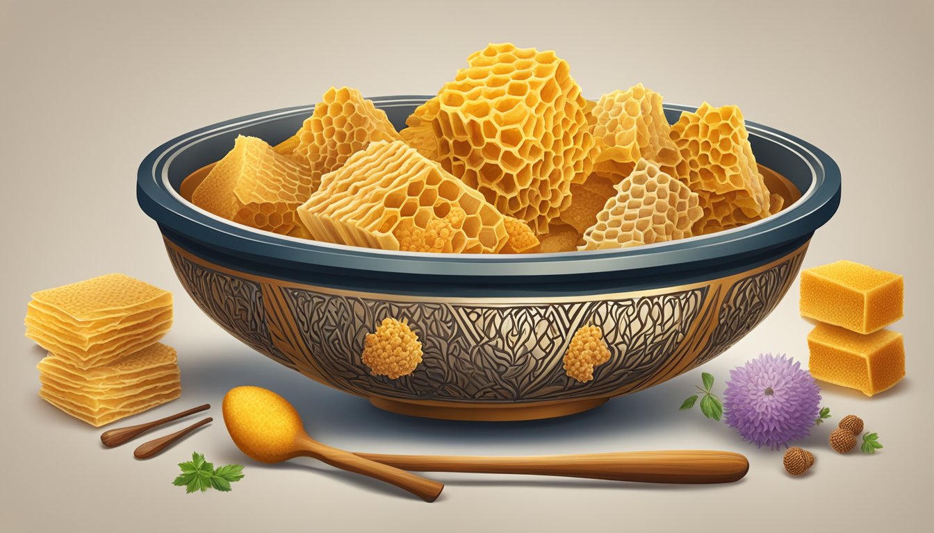 A bowl of honeycomb tripe surrounded by cultural symbols and traditional cooking tools