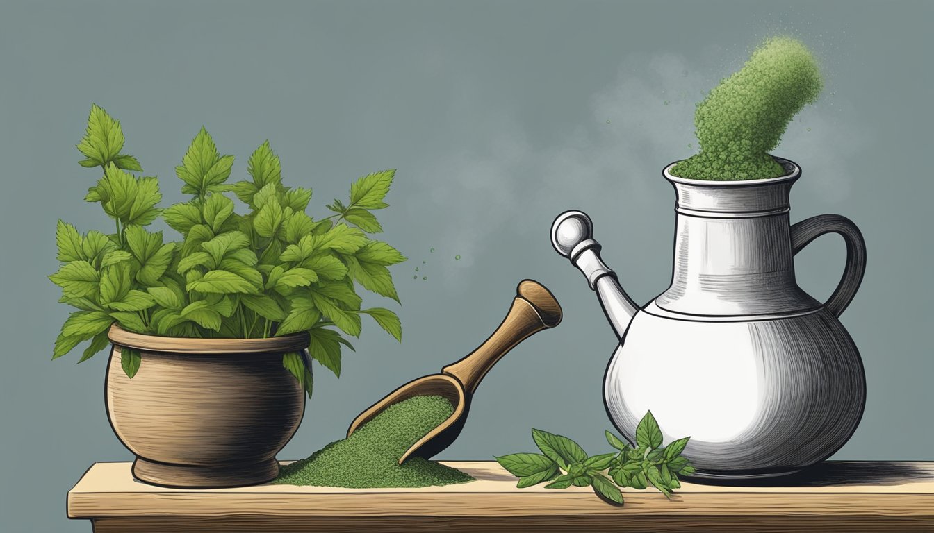 A mortar and pestle crushes guinea hen weed into powder, while a pot of boiling water steeps the herb for traditional use