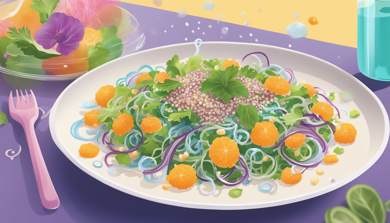 A chef delicately sprinkles sesame seeds and drizzles a tangy vinaigrette over a colorful bowl of jellyfish salad