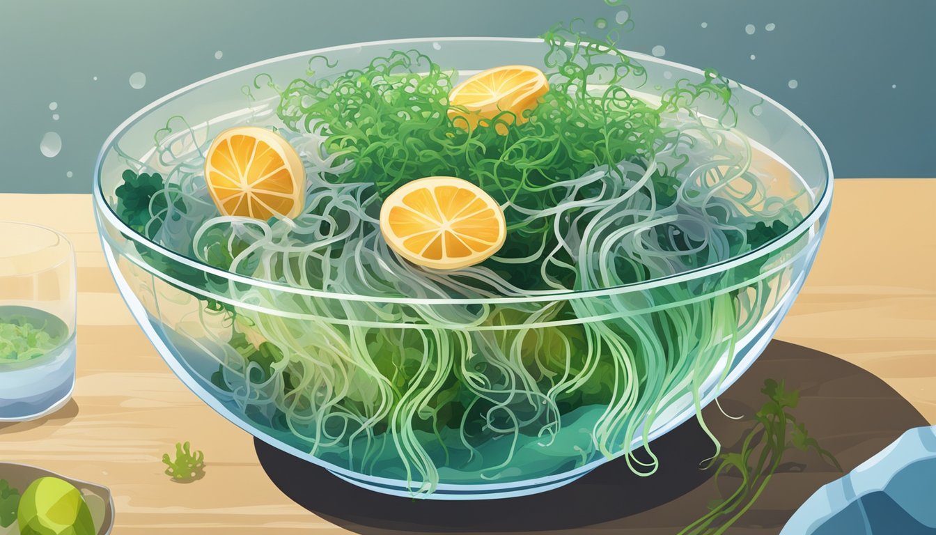 A clear glass bowl filled with translucent jellyfish tendrils, mixed with vibrant green seaweed and drizzled with a tangy sesame dressing