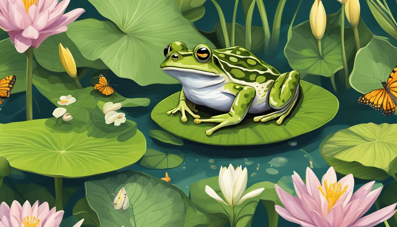 A frog sitting on a lily pad surrounded by various plants and insects