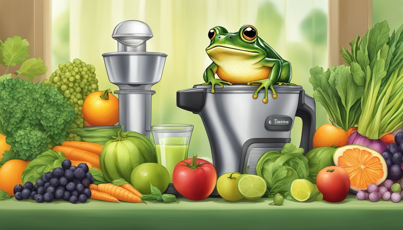 A frog surrounded by various fruits and vegetables, with a juicer and glass in the background