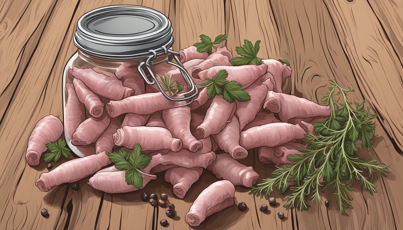 A jar of pickled pigs' feet sits on a rustic wooden table, surrounded by scattered peppercorns and sprigs of fresh thyme