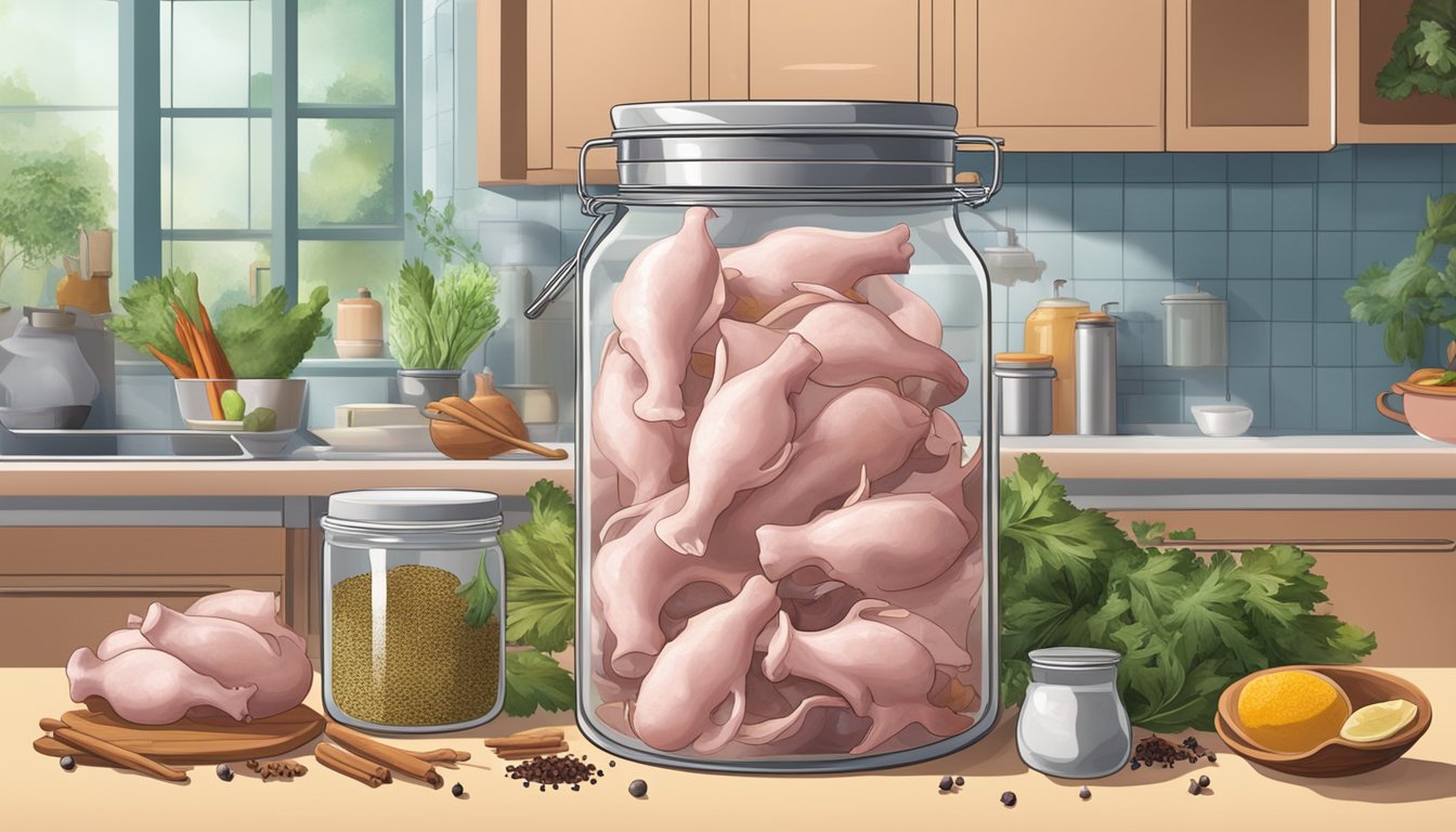 A large jar of pickled pigs' feet sits on a kitchen counter, surrounded by various spices and ingredients. A pot of boiling water steams nearby, ready for the cooking process