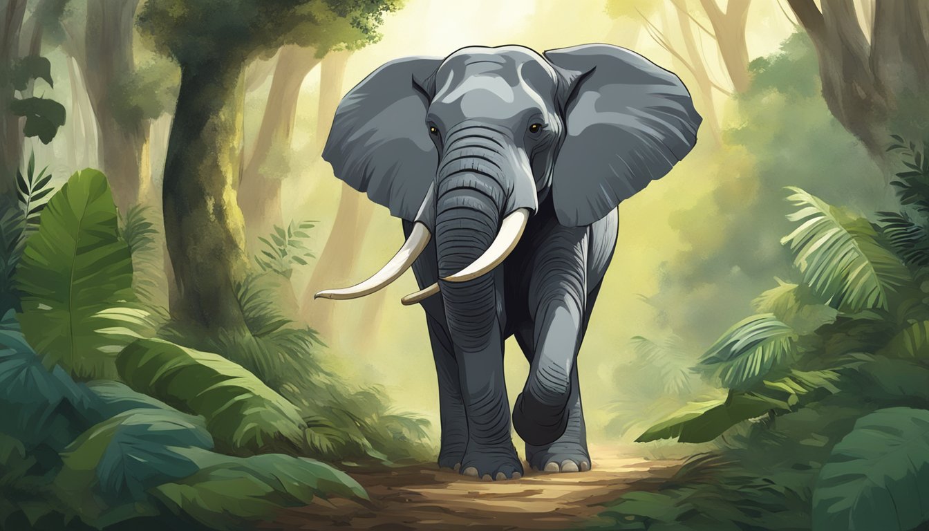 An elephant stands in a lush forest, its trunk reaching out to gently pluck leaves from a tree, illustrating the threat of poaching for strange uses