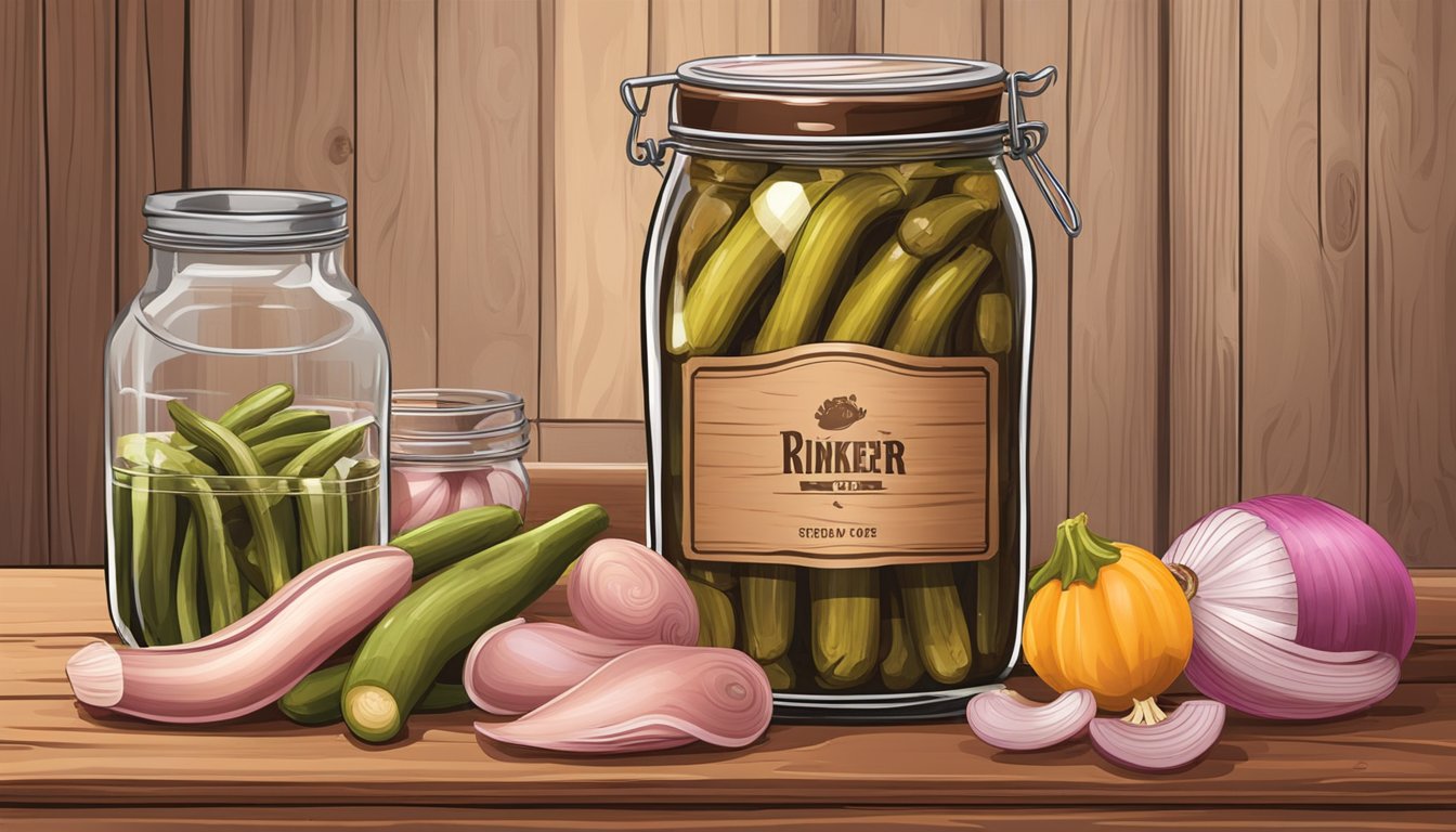 A rustic wooden table with a jar of pickled pigs feet, surrounded by sliced onions, pickles, and a bottle of vinegar