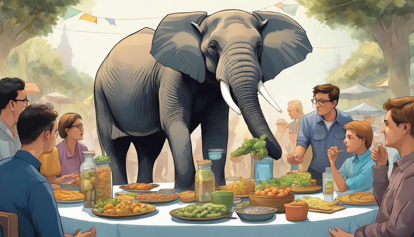 An elephant trunk reaching out to sample unusual food items on a table surrounded by curious onlookers