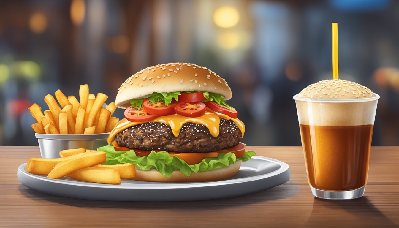 A sizzling camel burger on a sesame seed bun, topped with lettuce, tomato, and a dollop of spicy sauce, served with a side of crispy fries and a cold drink