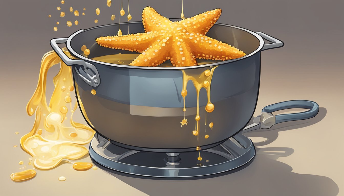 A starfish is being dipped in batter and then lowered into a pot of sizzling oil. The starfish is frying until it turns golden brown