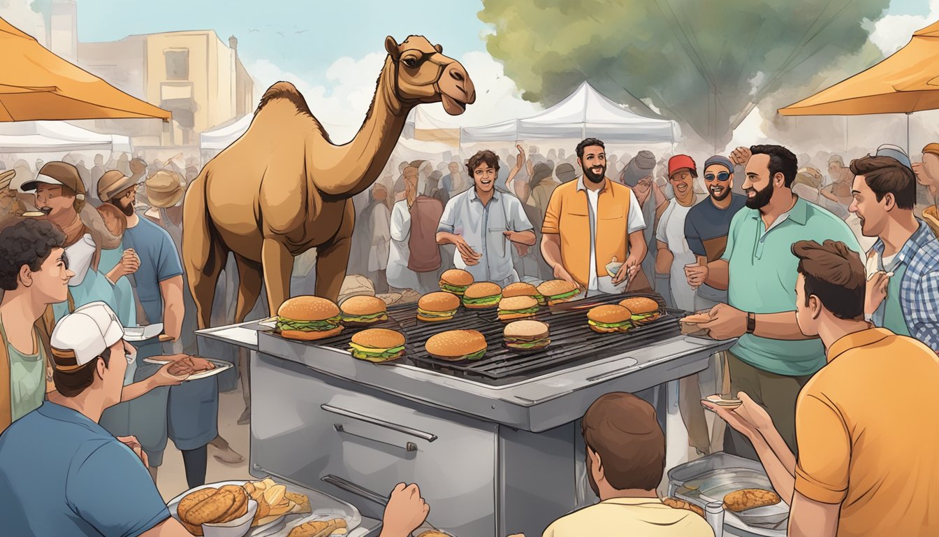 A crowded outdoor food festival with a vendor grilling camel burgers, surrounded by curious onlookers and excited customers