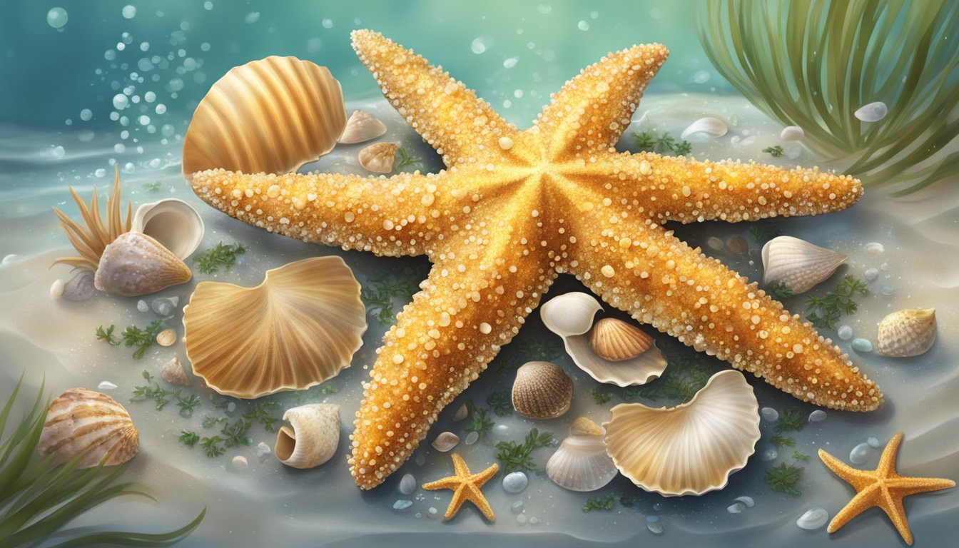 A starfish sizzling in bubbling oil, golden and crispy, surrounded by a scattering of sea shells and seaweed