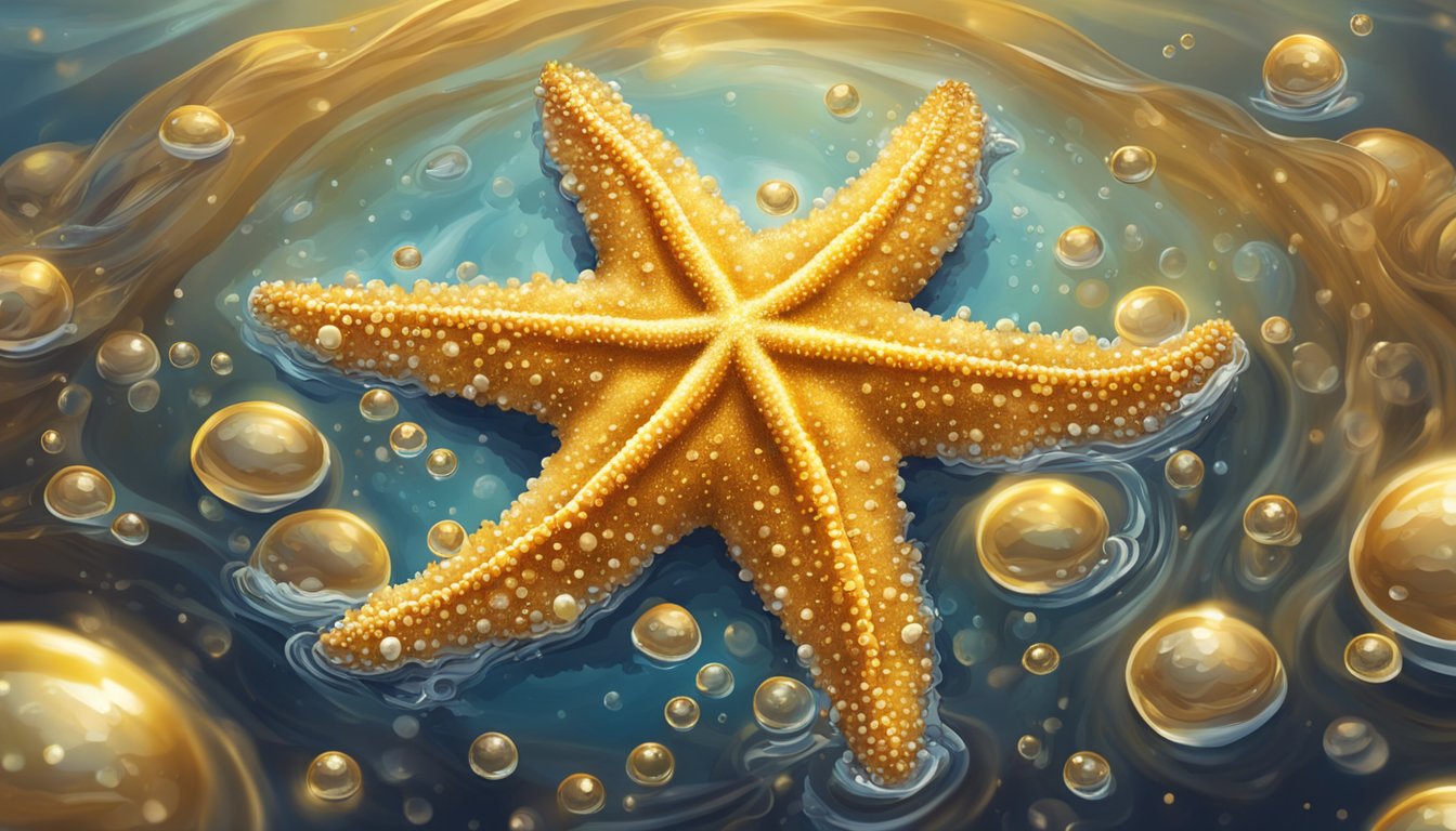 A starfish submerged in bubbling oil, surrounded by sizzling bubbles and a golden brown crust