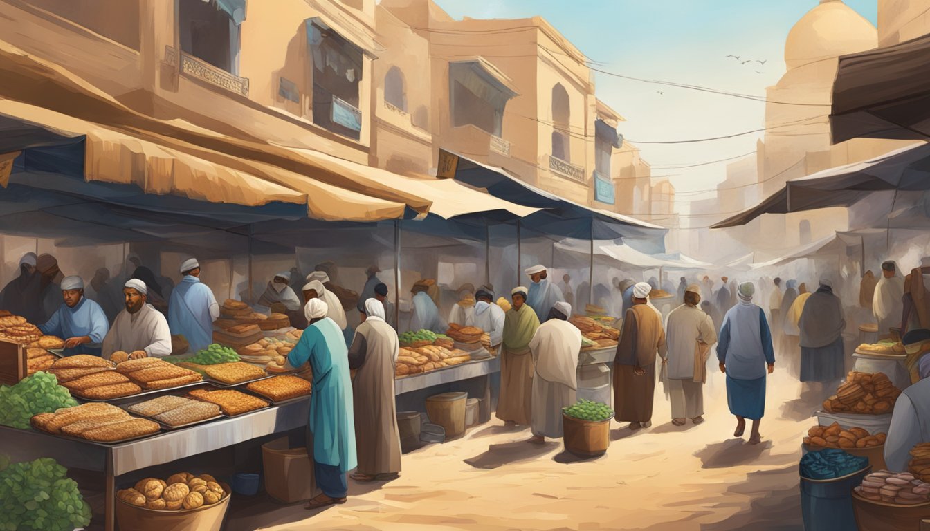 A bustling market with vendors selling camel burgers amidst traditional cultural and environmental elements