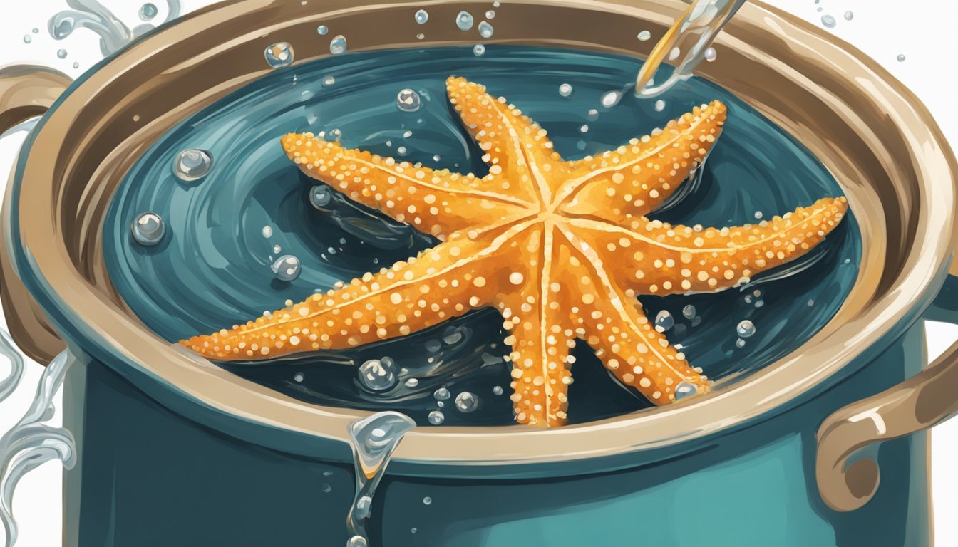 A starfish being dipped into a bubbling pot of oil