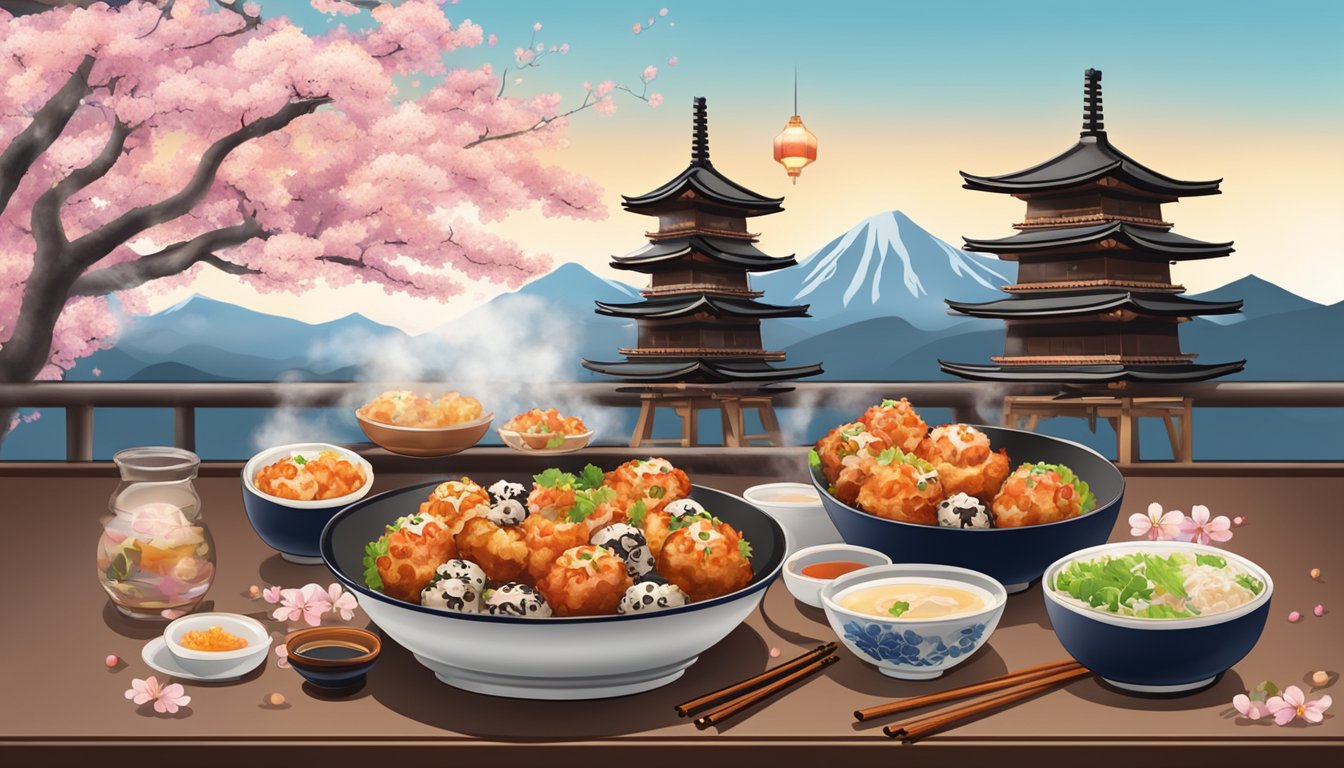 A traditional Japanese table setting with a steaming bowl of octopus takoyaki surrounded by colorful lanterns and cherry blossom branches