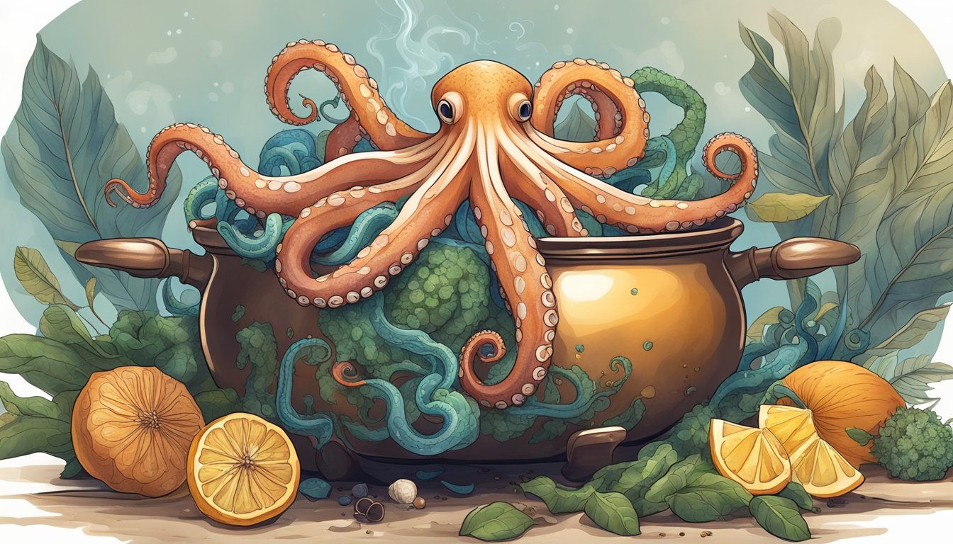 An octopus tentacle reaching out from a mysterious, steaming pot surrounded by exotic spices and ingredients