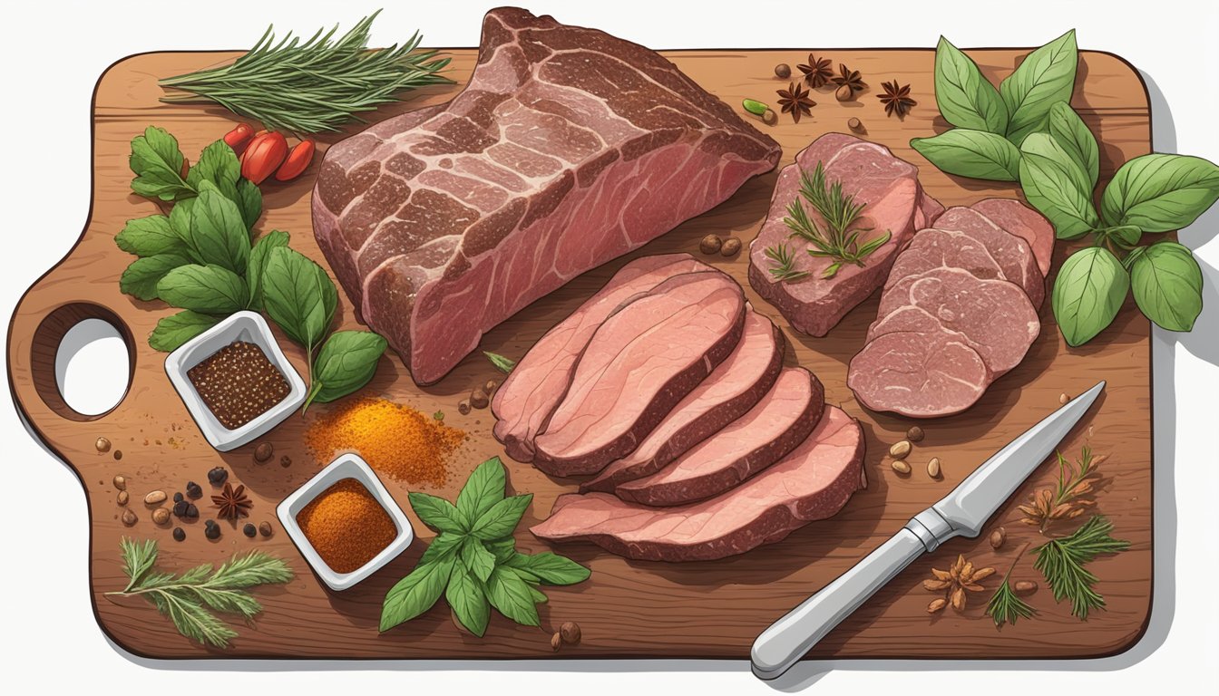 A hand holding a beef tongue, surrounded by various spices and herbs on a wooden cutting board