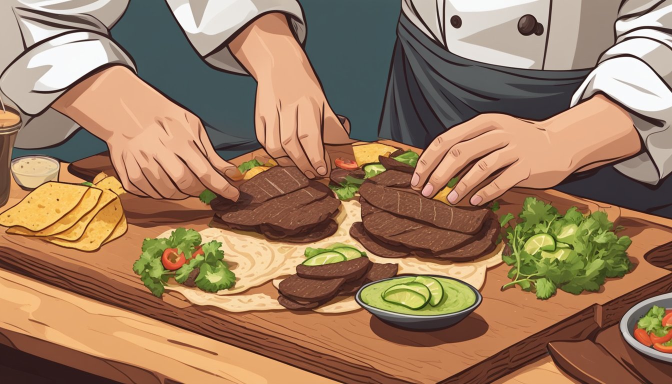 A chef assembling tacos de lengua with grilled beef tongue, tortillas, and various toppings on a wooden cutting board