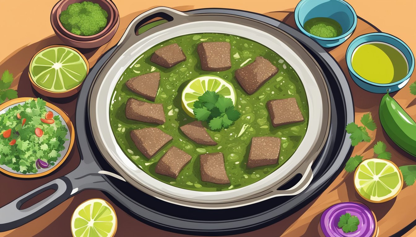 A sizzling skillet of lengua con salsa verde, garnished with cilantro and lime, surrounded by colorful plates of other unique lengua dishes