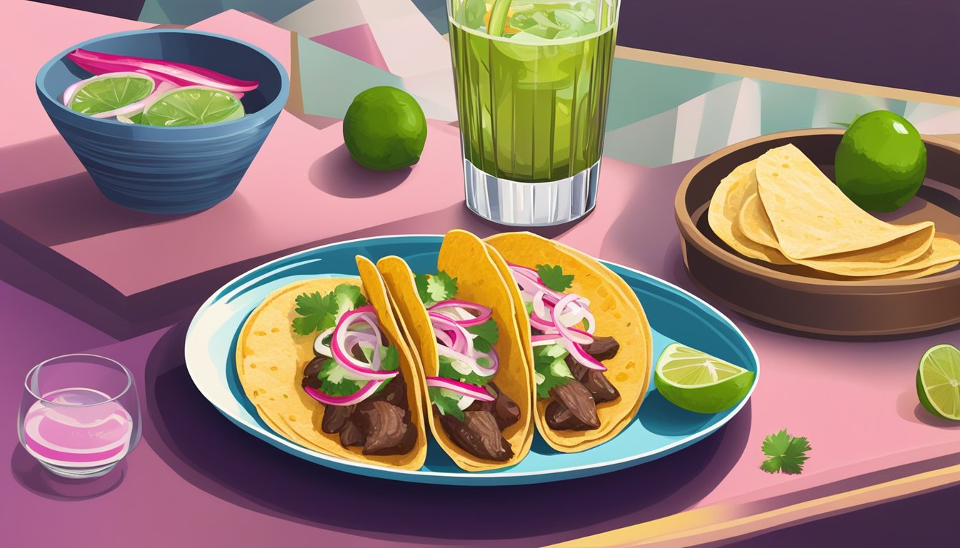 A plate of lengua tacos with a side of pickled onions and a glass of spicy margarita