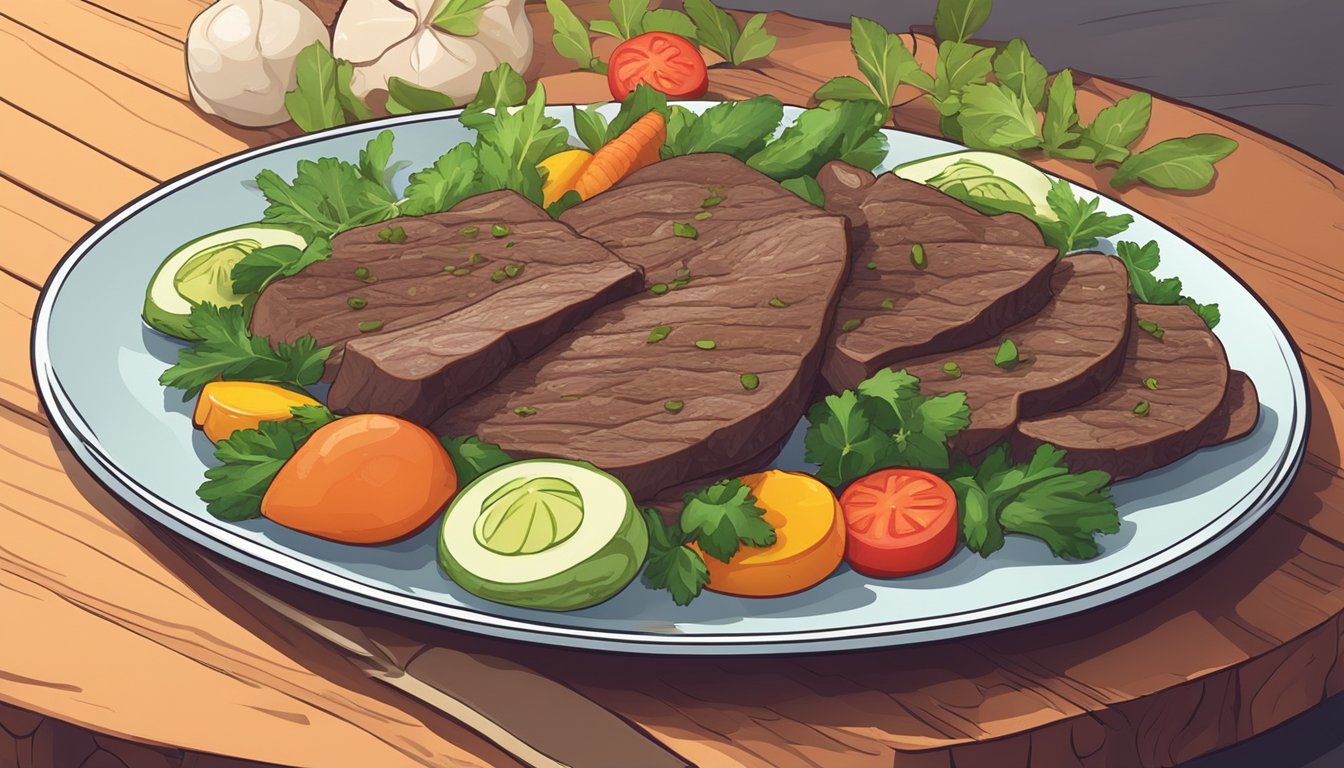 A plate of cooked lengua (beef tongue) with colorful vegetables and herbs on a wooden cutting board