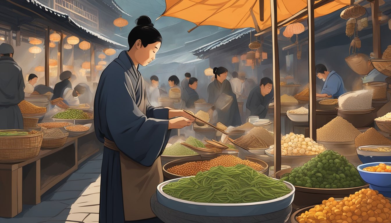 A person in a traditional Chinese market, surrounded by various exotic foods, including a bowl of bat soup being prepared by a vendor