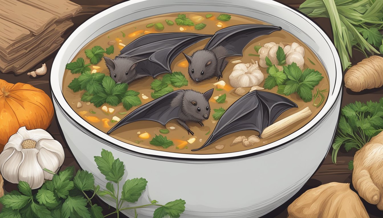 A steaming bowl of bat soup surrounded by ingredients like ginger, garlic, and various herbs