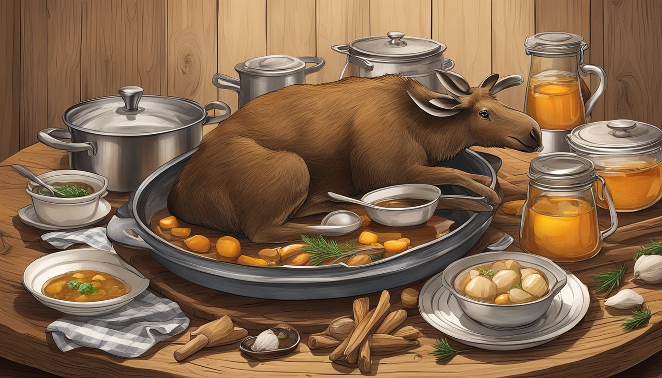 A rustic wooden table adorned with a jellied moose nose, surrounded by traditional Canadian ingredients and cookware