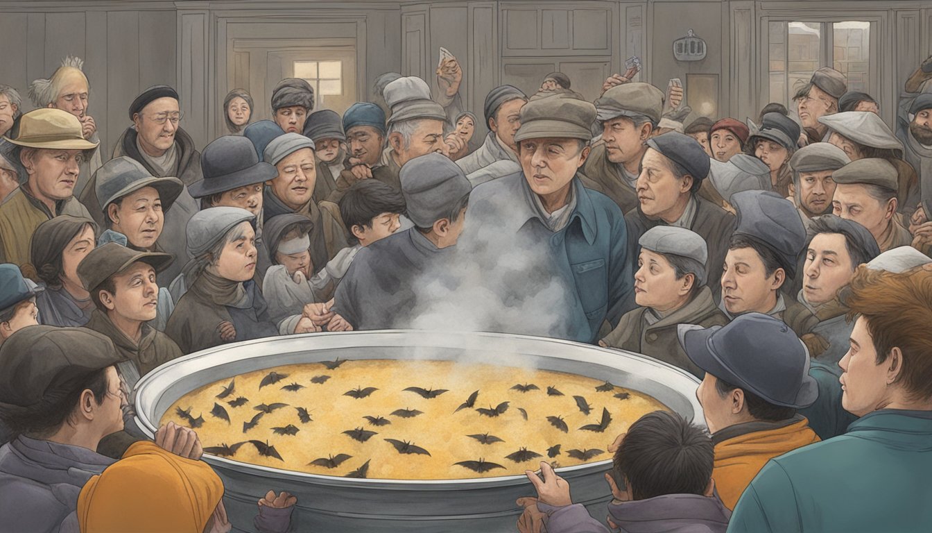 A steaming bowl of bat soup surrounded by curious onlookers