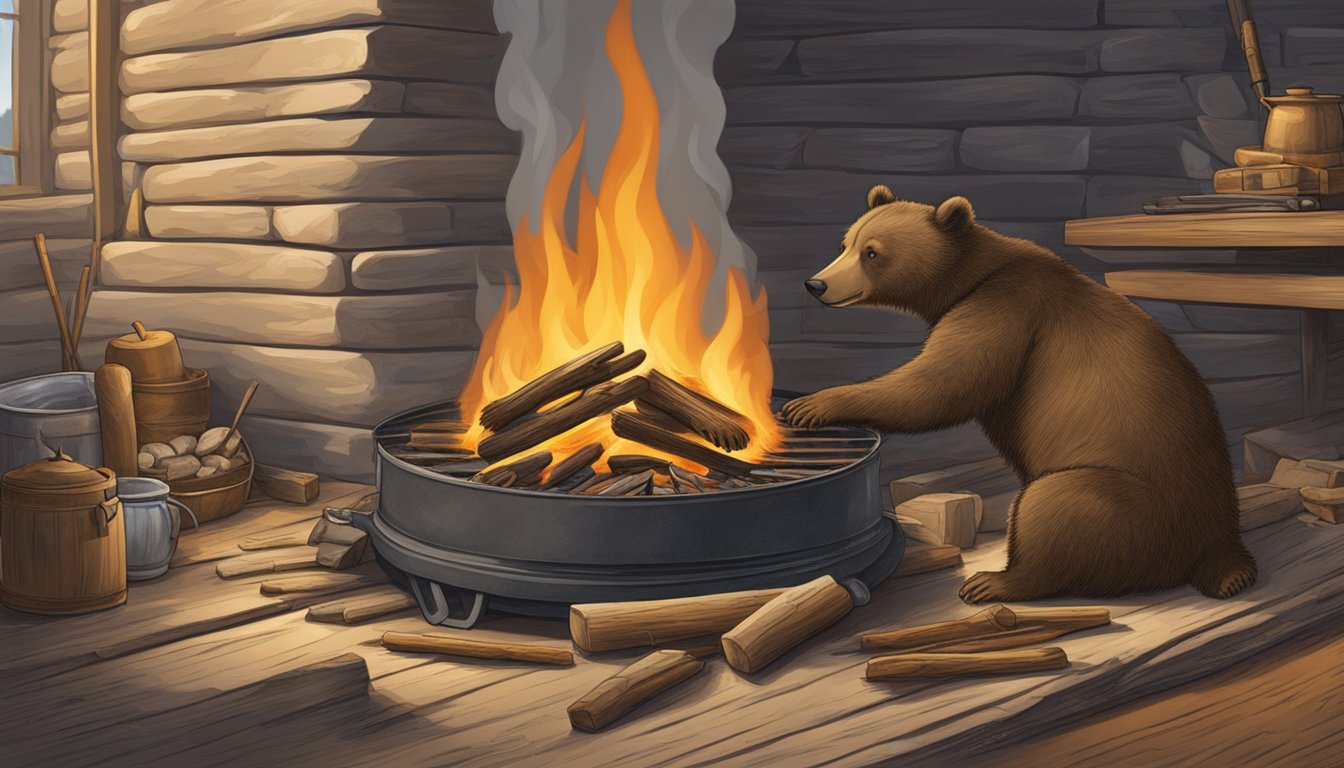 A bear paw being prepared over a fire in a historical setting