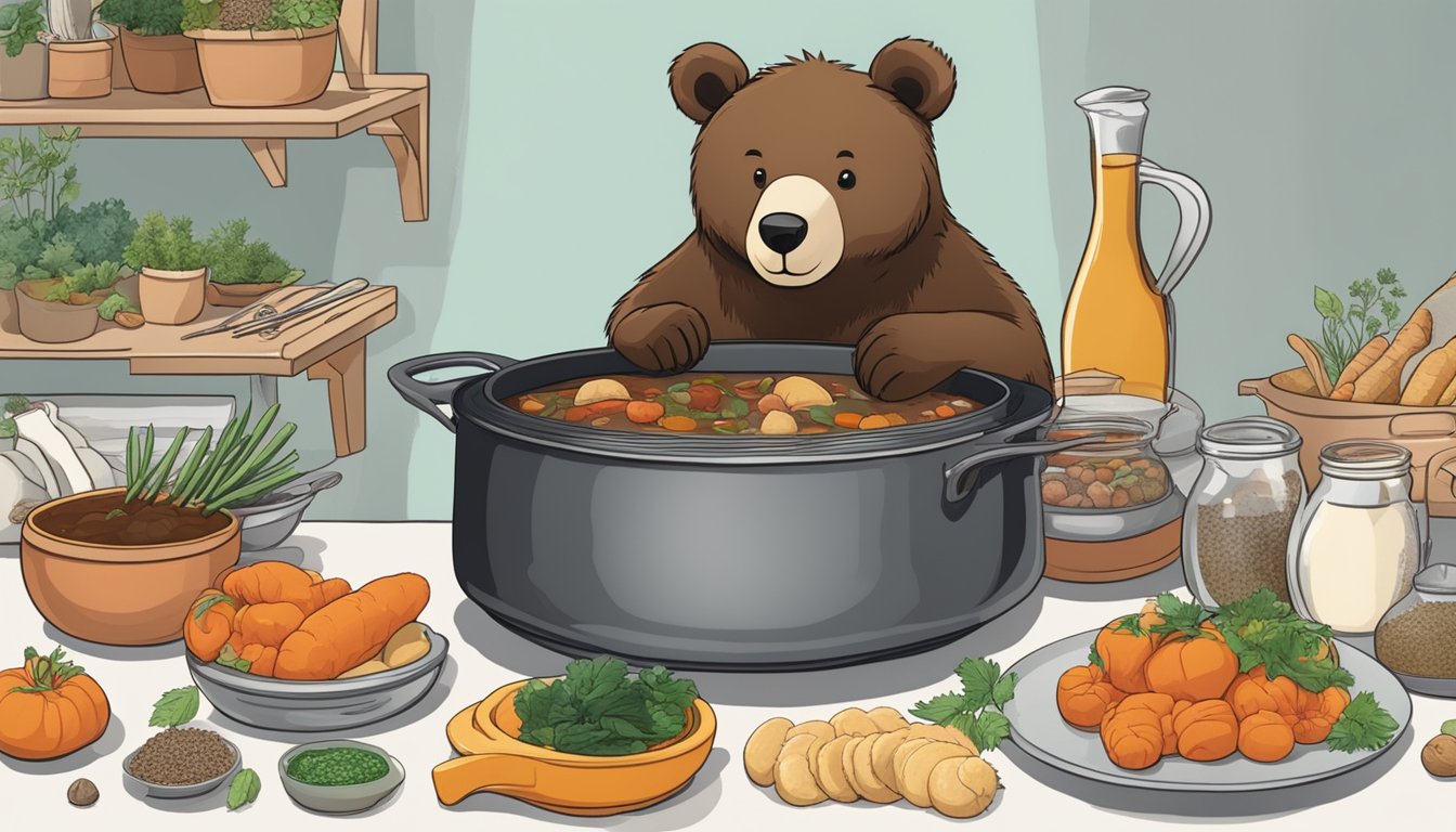 A bear's paw reaching out from a pot of stew, surrounded by various ingredients and possible substitutes