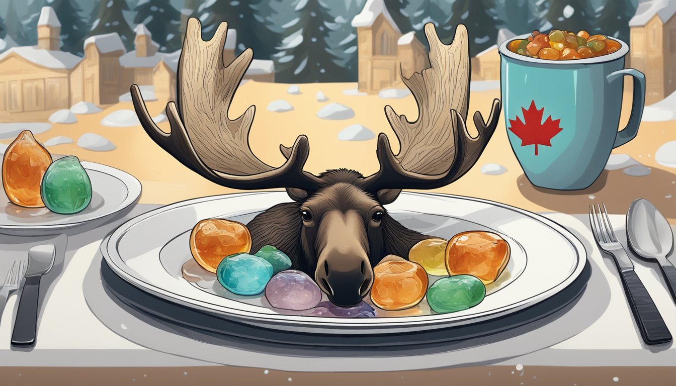 A moose nose surrounded by jellied substance on a plate, with Canadian symbols in the background