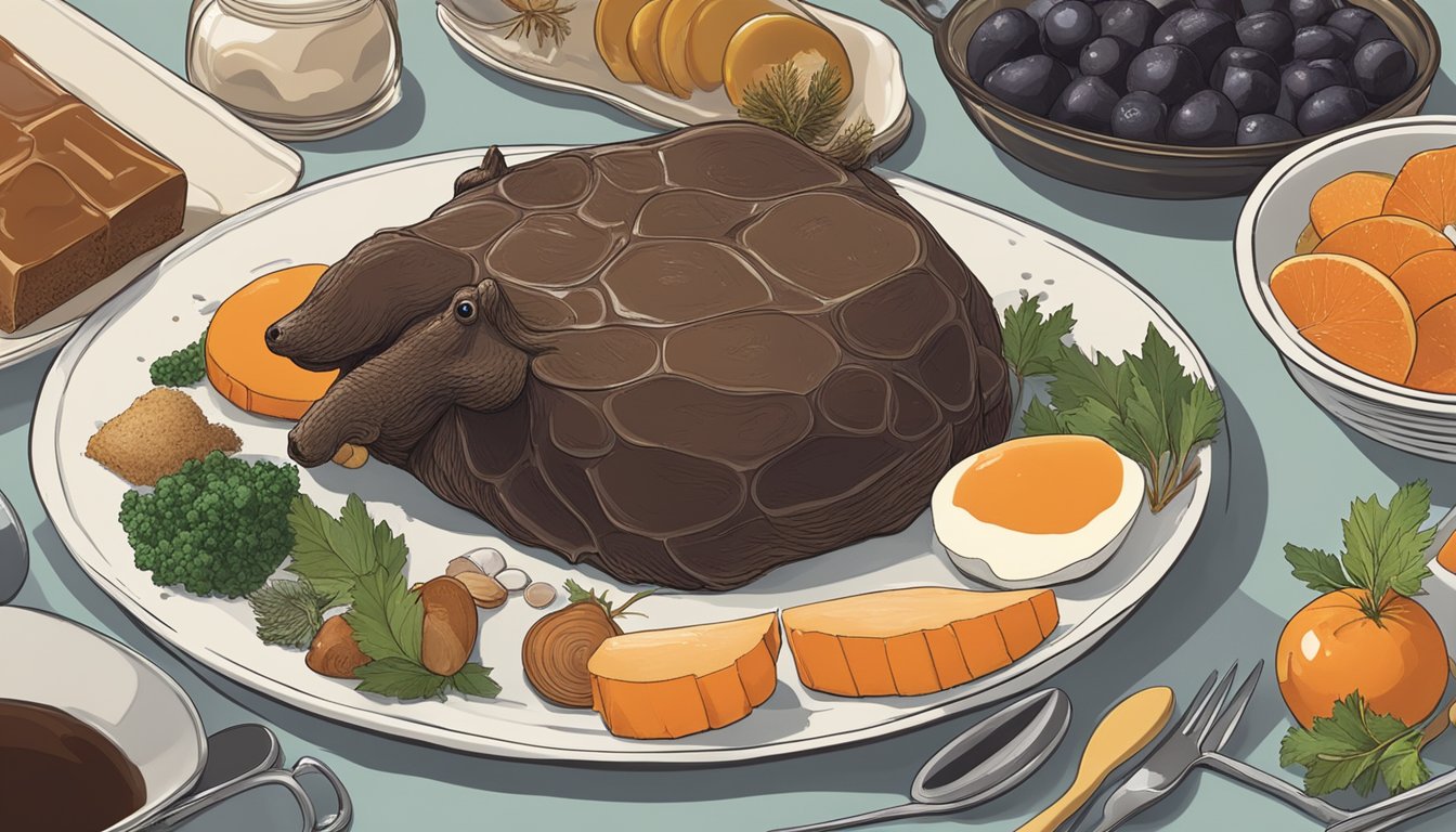 A jellied moose nose sits on a plate, surrounded by Canadian culinary ingredients and utensils