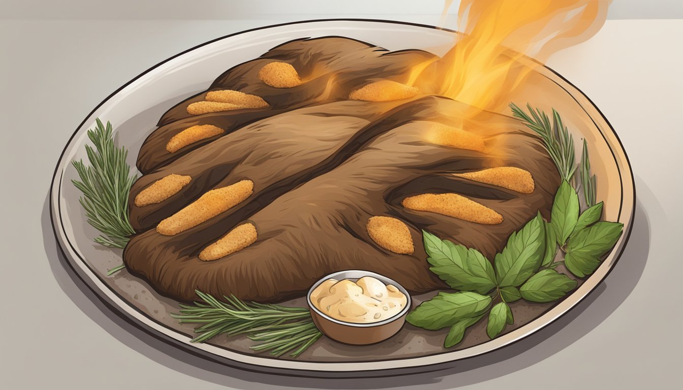 A bear paw being marinated in a mixture of herbs and spices, ready to be cooked over an open flame