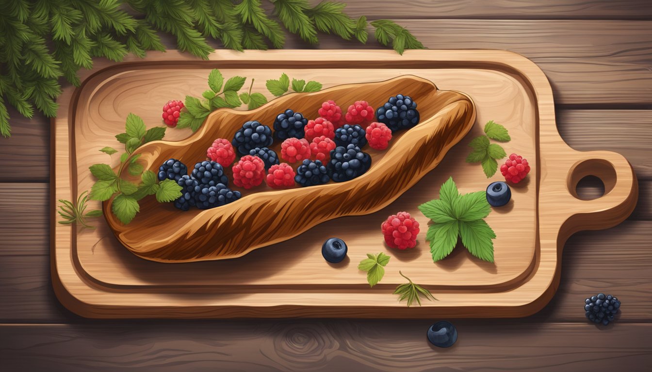 A bear paw on a wooden platter, garnished with wild berries and herbs, set against a rustic backdrop