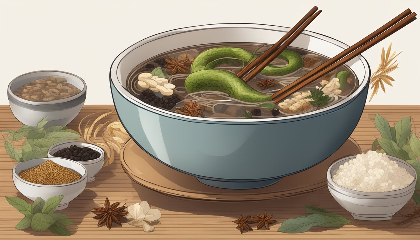 A steaming bowl of snake soup surrounded by traditional Chinese herbs and spices, with chopsticks resting on the side