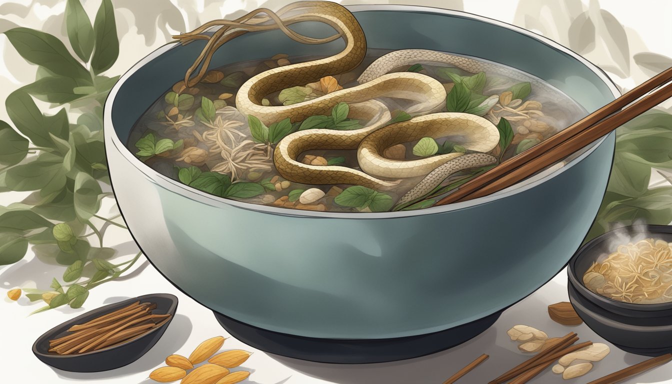 A steaming bowl of snake soup surrounded by traditional Chinese herbs and spices, with a pair of chopsticks resting on the side