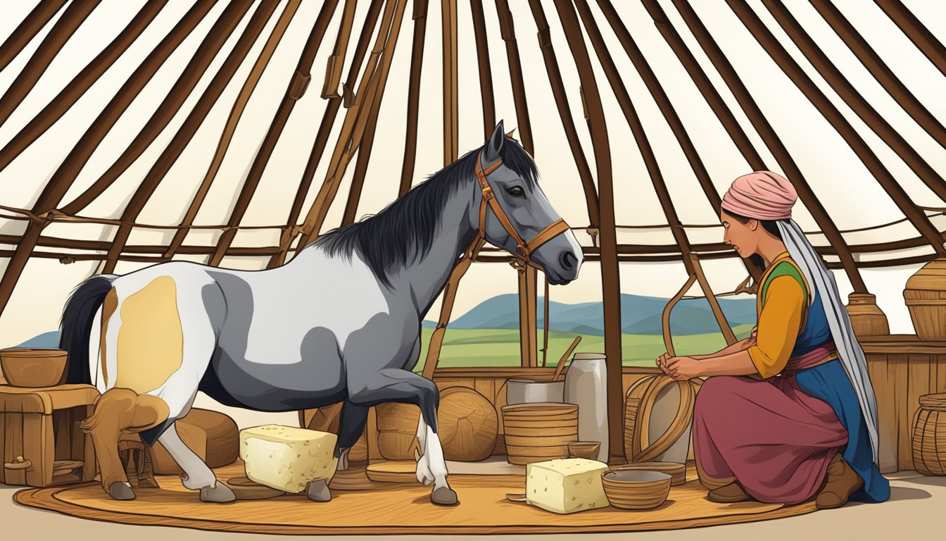 A pastoral scene with a nomadic woman milking a horse and making cheese in a traditional yurt