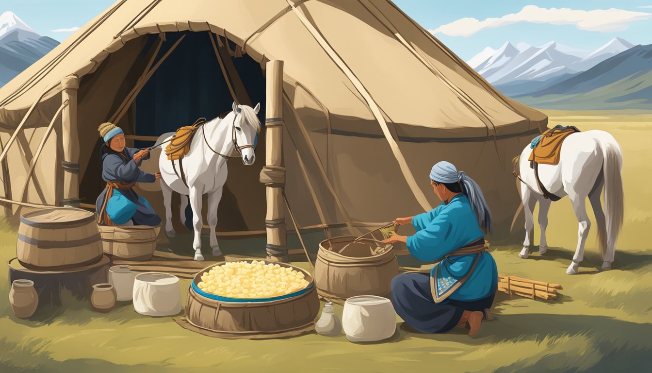 A nomadic Mongolian family milking horses and making cheese in a traditional yurt