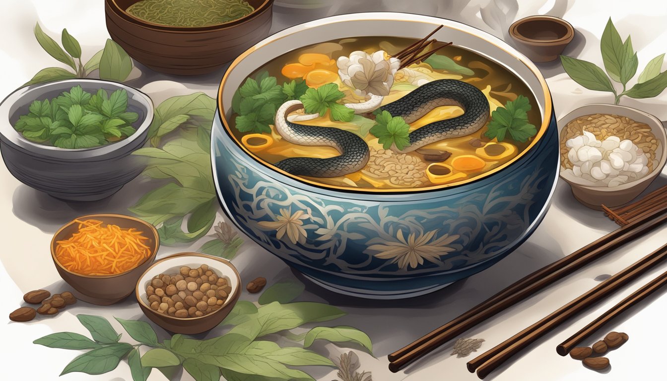 A steaming bowl of snake soup surrounded by traditional Chinese herbs and spices, with a pair of chopsticks resting on the side