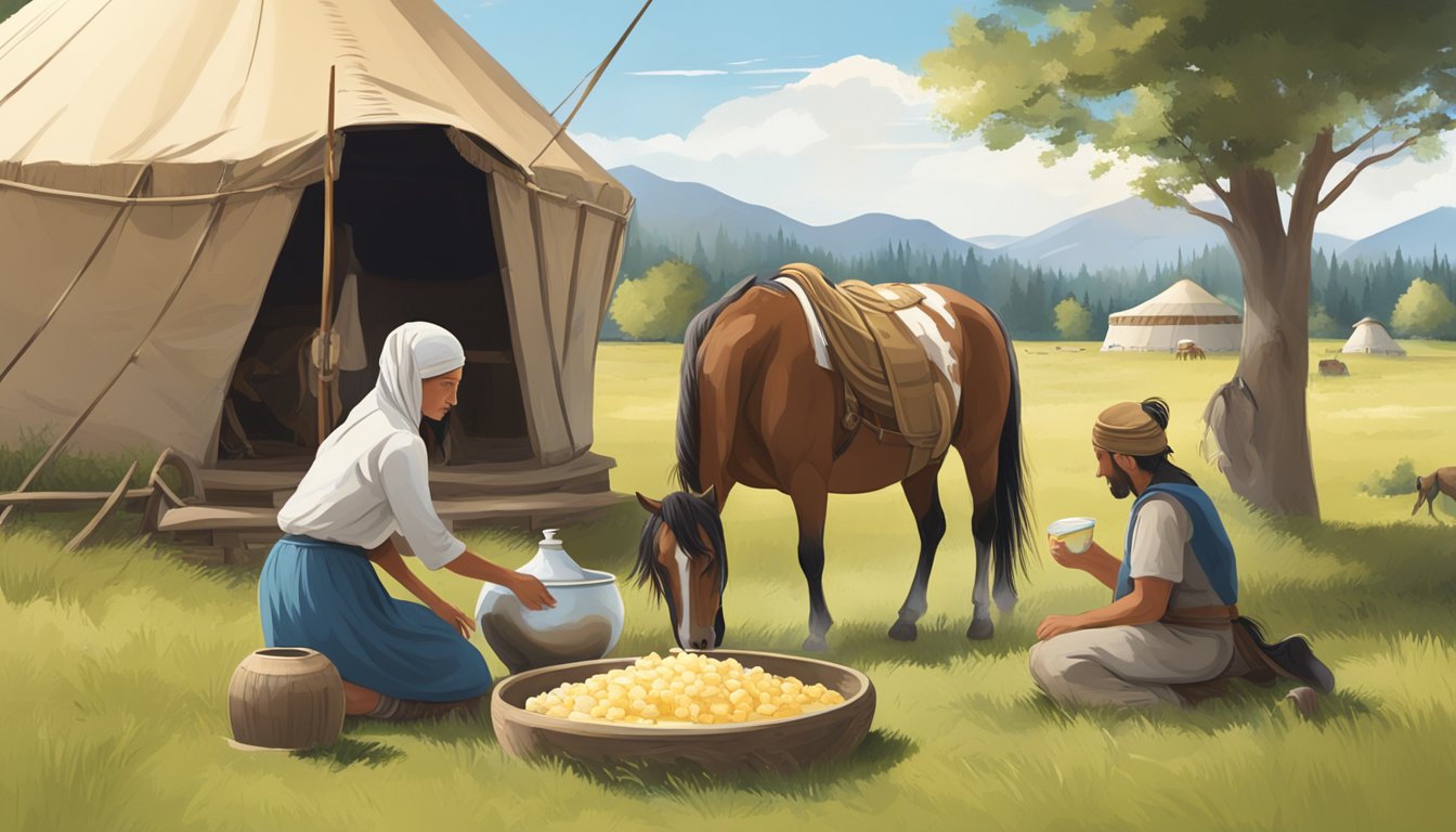 A nomadic family milking horses in a grassy pasture, with a traditional yurt in the background and a bowl of horse milk cheese on a wooden table