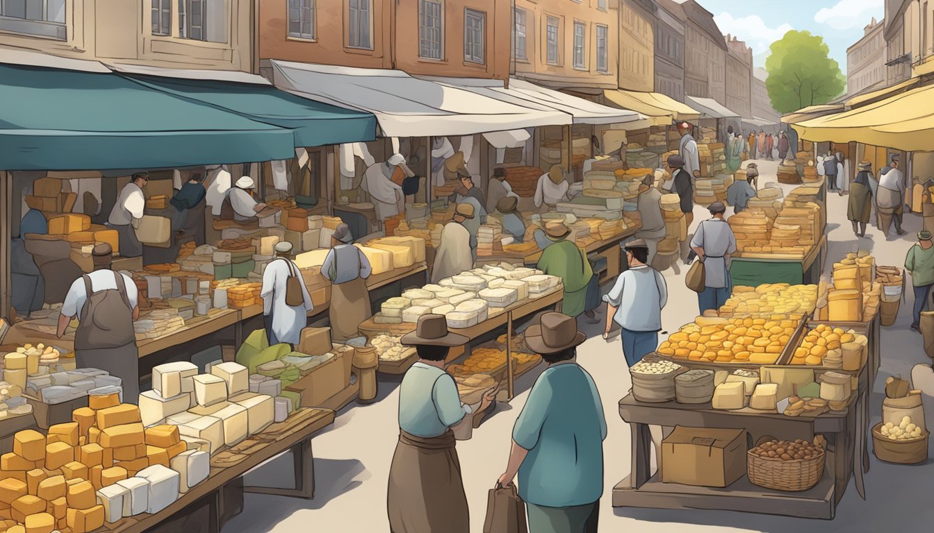 A bustling market with vendors selling unique horse milk cheese