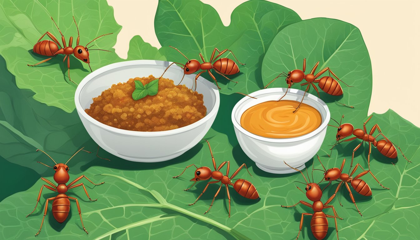 Red ants crawling on a leafy green plant, while a small bowl of chutney sits nearby