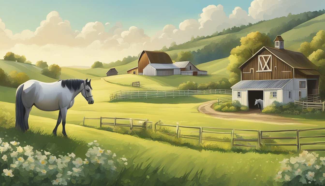 A pastoral landscape with a horse grazing in a lush field, surrounded by a quaint dairy farm with a sign advertising "horse milk cheese."