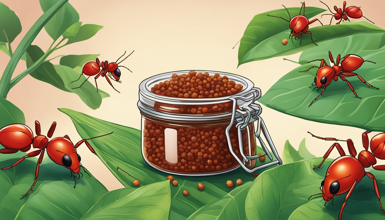 A jar of red ant chutney surrounded by vibrant red ants on a leaf