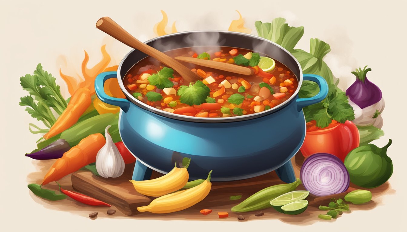 A steaming pot of menudo simmers over an open fire, surrounded by colorful spices and fresh vegetables